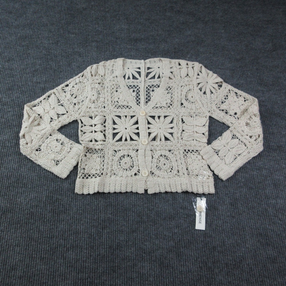 COMMENSE Sweater Cardigan Womens L Beige Crochet Open-Knit Button NWT